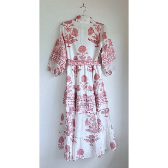 NWT Sur La Vague Blush Katherine Hand Stamped Maxi Dress in White & Pink Size S - Picture 8 of 15